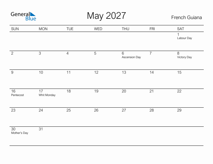 Printable May 2027 Calendar for French Guiana