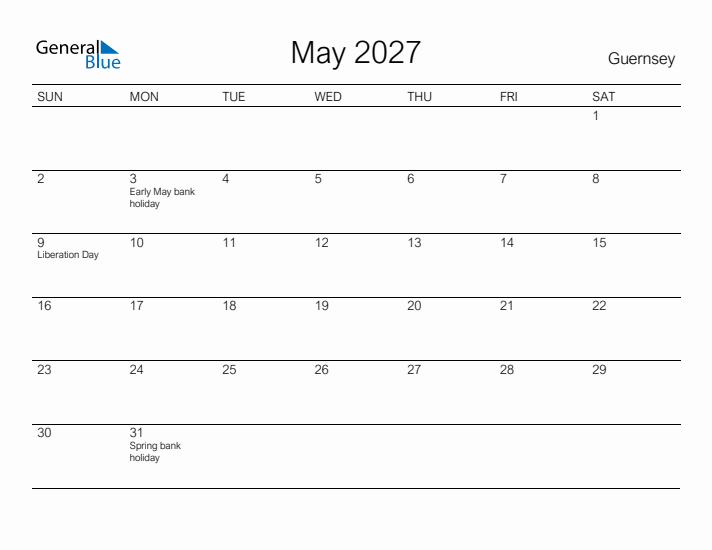 Printable May 2027 Calendar for Guernsey