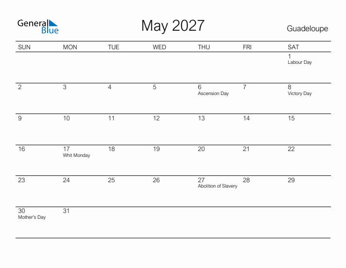 Printable May 2027 Calendar for Guadeloupe