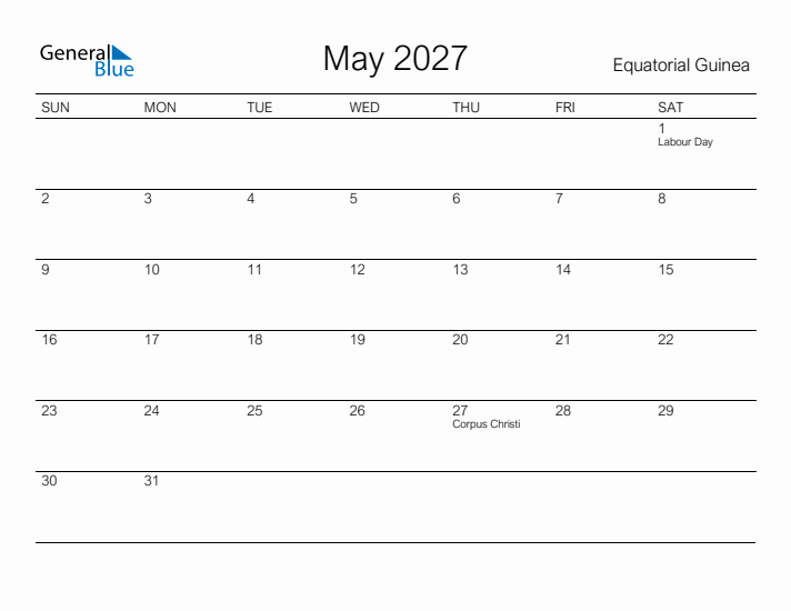 Printable May 2027 Calendar for Equatorial Guinea