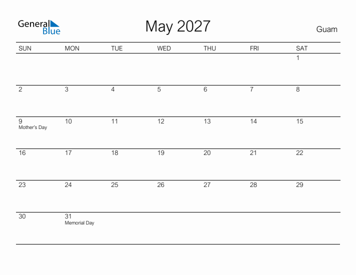 Printable May 2027 Calendar for Guam