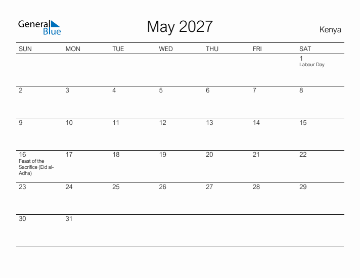 Printable May 2027 Calendar for Kenya