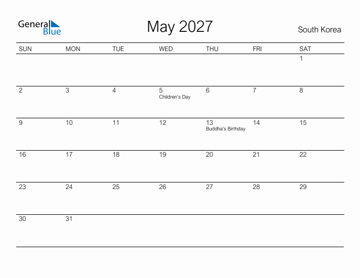 Printable May 2027 Calendar for South Korea