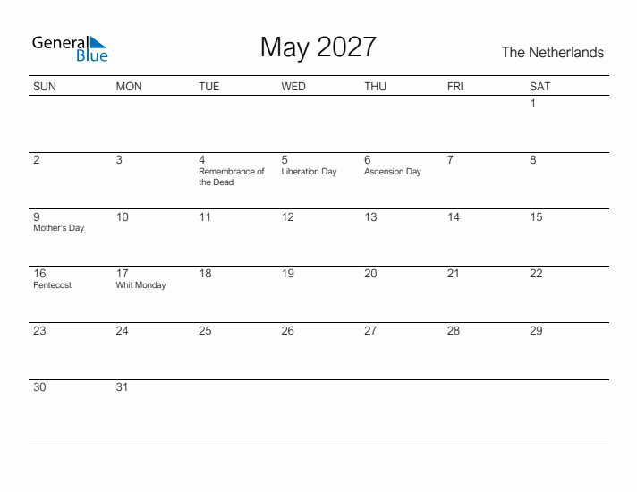 Printable May 2027 Calendar for The Netherlands