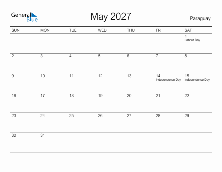 Printable May 2027 Calendar for Paraguay