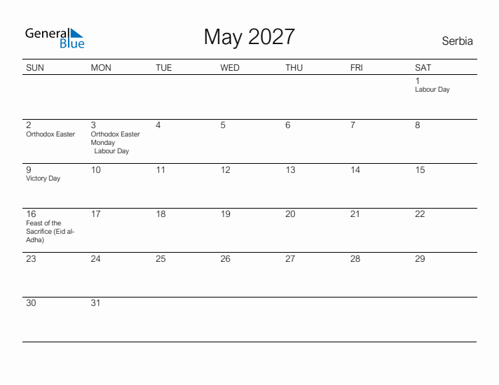 Printable May 2027 Calendar for Serbia