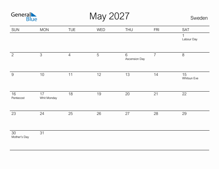 Printable May 2027 Calendar for Sweden