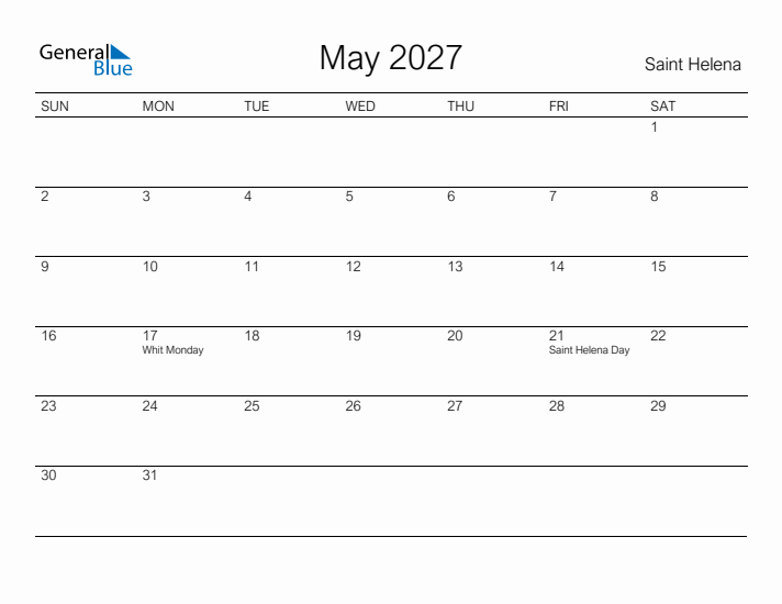 Printable May 2027 Calendar for Saint Helena