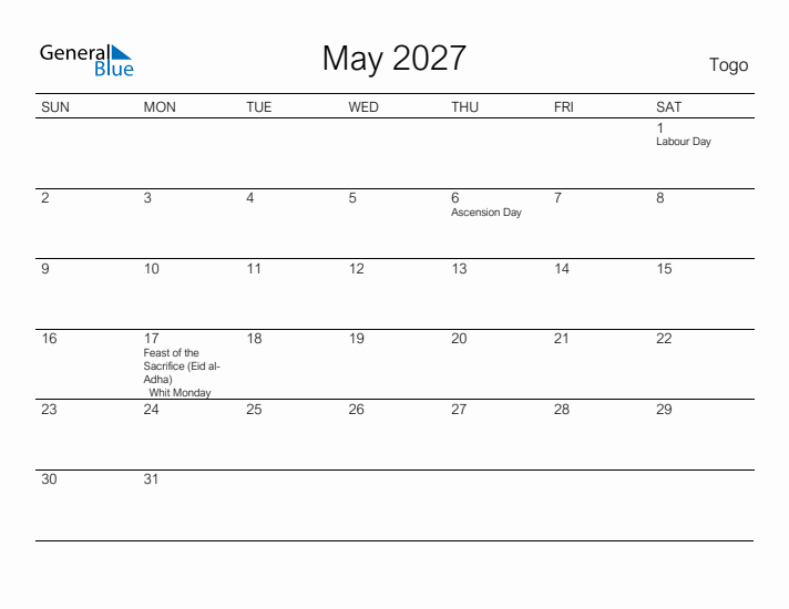 Printable May 2027 Calendar for Togo