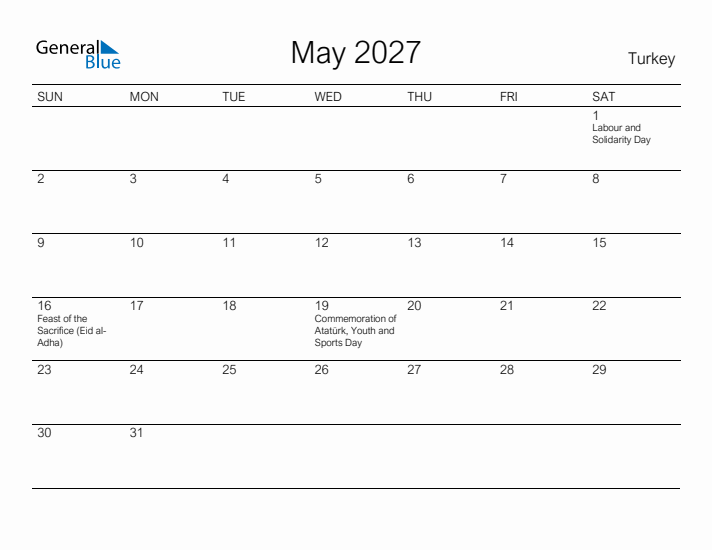 Printable May 2027 Calendar for Turkey