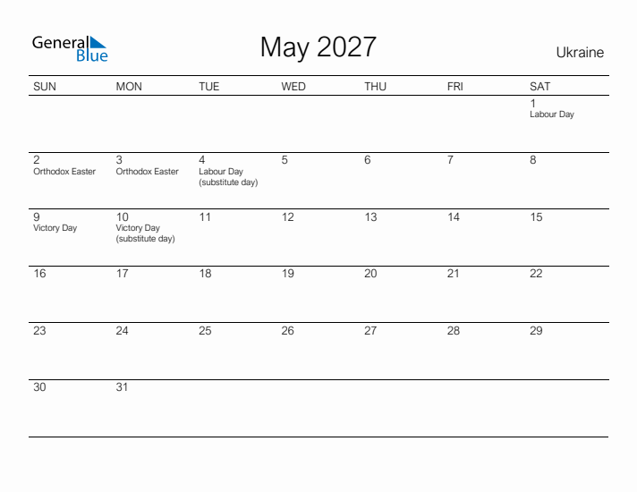 Printable May 2027 Calendar for Ukraine