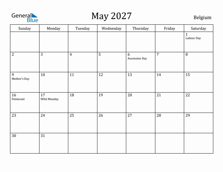 May 2027 Calendar Belgium