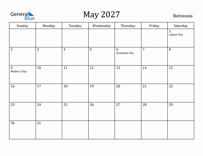 May 2027 Calendar Botswana