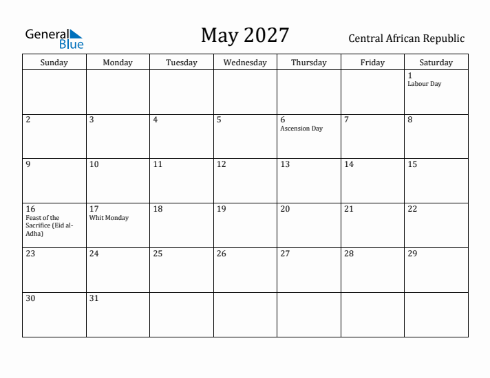 May 2027 Calendar Central African Republic