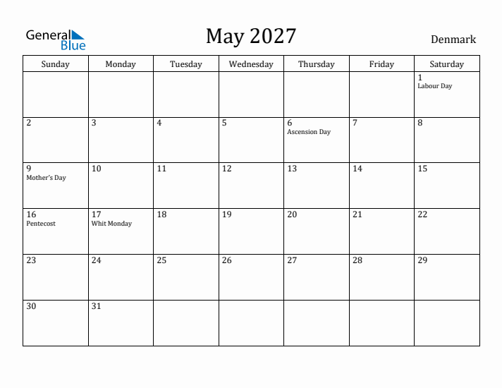 May 2027 Calendar Denmark