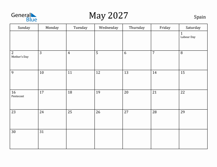 May 2027 Calendar Spain