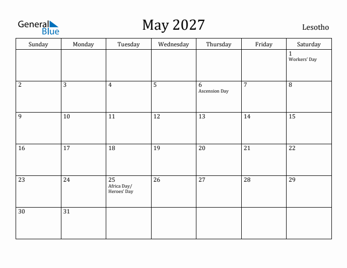 May 2027 Calendar Lesotho