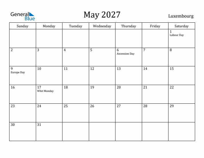 May 2027 Calendar Luxembourg