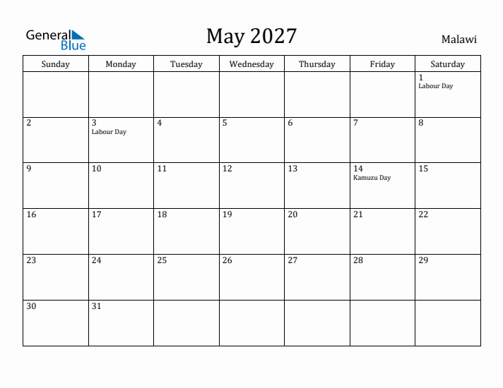 May 2027 Calendar Malawi