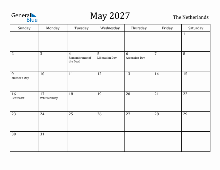 May 2027 Calendar The Netherlands