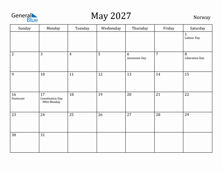 May 2027 Calendar Norway