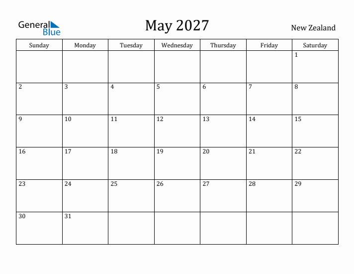 May 2027 Calendar New Zealand