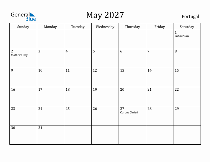 May 2027 Calendar Portugal