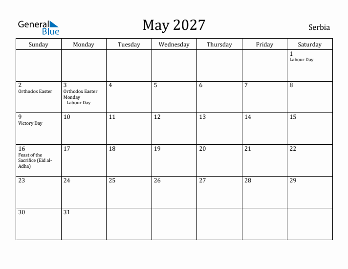 May 2027 Calendar Serbia