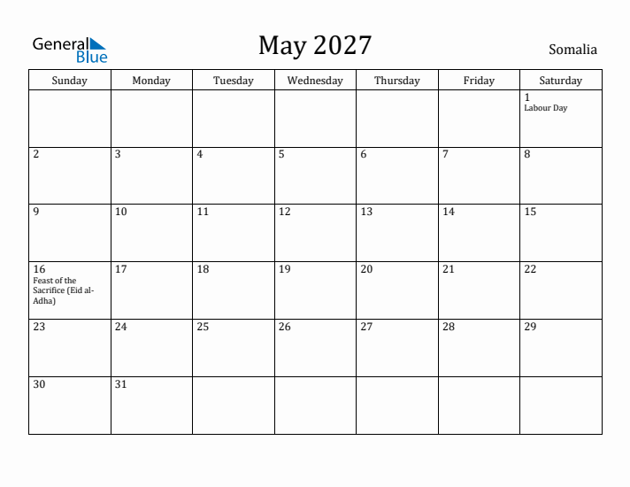 May 2027 Calendar Somalia