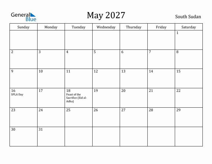 May 2027 Calendar South Sudan