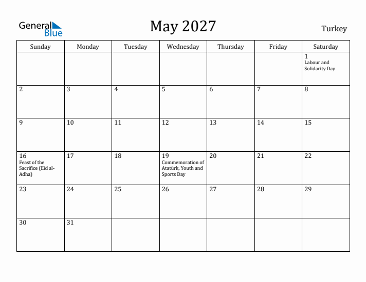 May 2027 Calendar Turkey