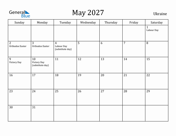 May 2027 Calendar Ukraine