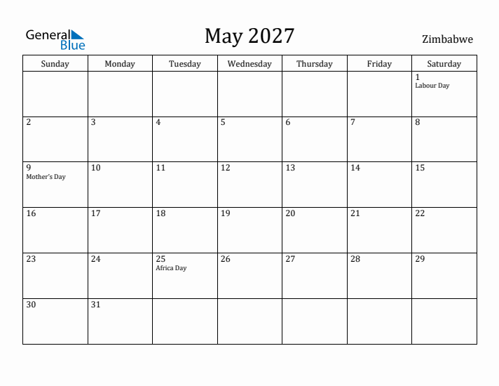 May 2027 Calendar Zimbabwe