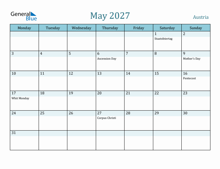 May 2027 Calendar with Holidays