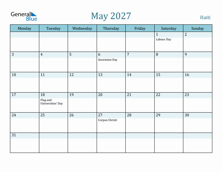 May 2027 Calendar with Holidays