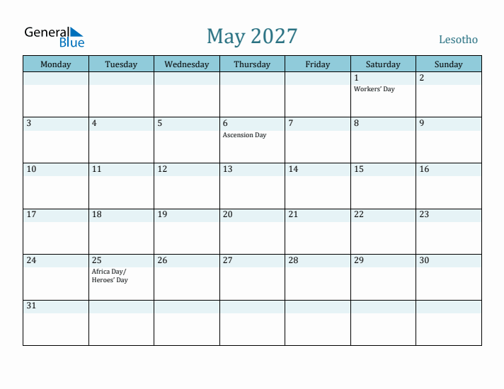 May 2027 Calendar with Holidays