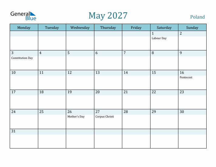 May 2027 Calendar with Holidays