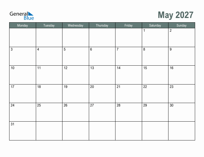 Free Printable May 2027 Calendar