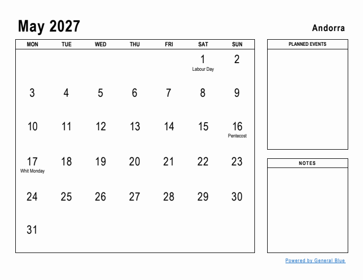 May 2027 Printable Monthly Calendar with Andorra Holidays