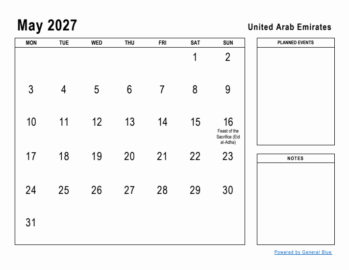 May 2027 Printable Monthly Calendar with United Arab Emirates Holidays