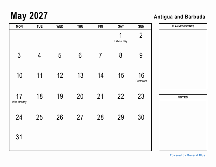 May 2027 Printable Monthly Calendar with Antigua and Barbuda Holidays