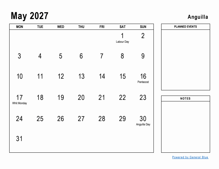 May 2027 Printable Monthly Calendar with Anguilla Holidays