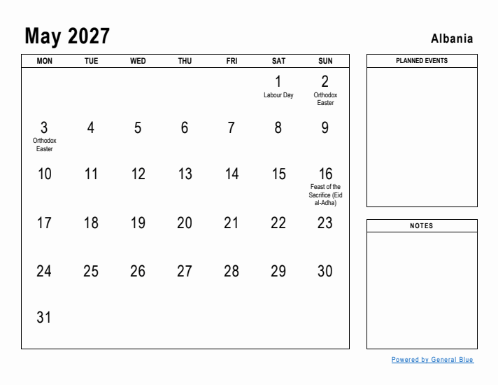 May 2027 Printable Monthly Calendar with Albania Holidays