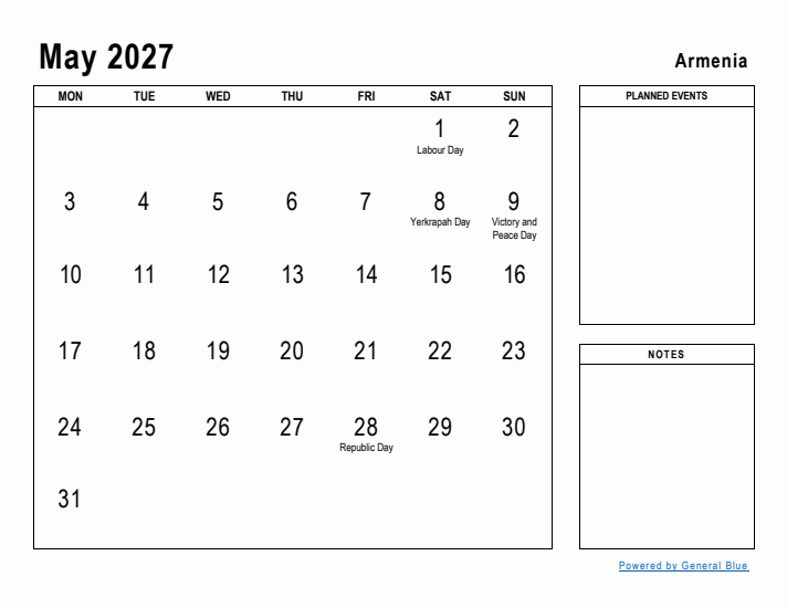 May 2027 Printable Monthly Calendar with Armenia Holidays