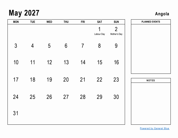 May 2027 Printable Monthly Calendar with Angola Holidays