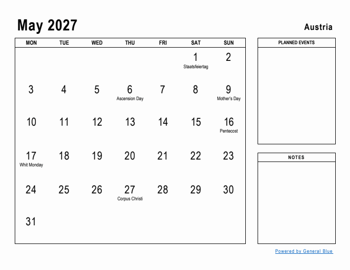 May 2027 Printable Monthly Calendar with Austria Holidays