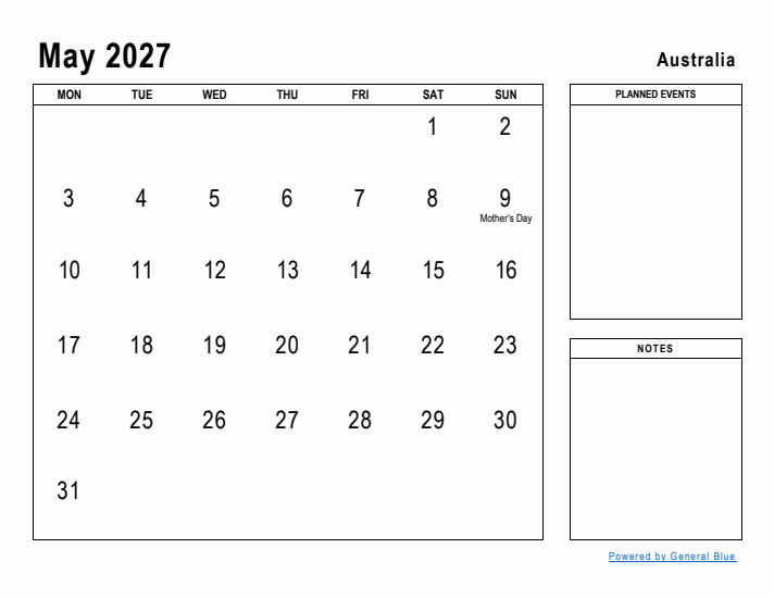 May 2027 Printable Monthly Calendar with Australia Holidays