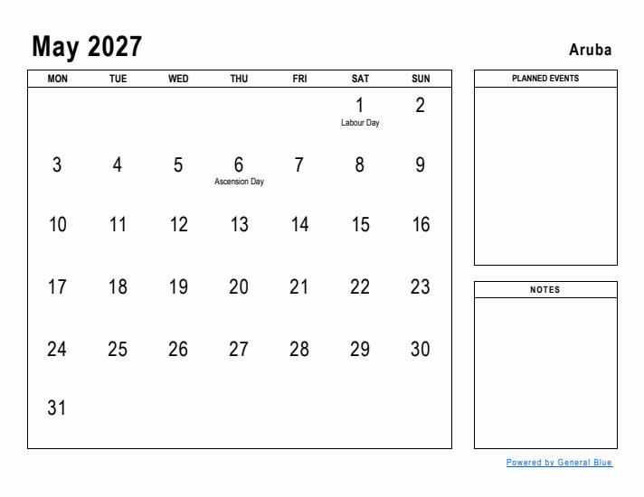 May 2027 Printable Monthly Calendar with Aruba Holidays