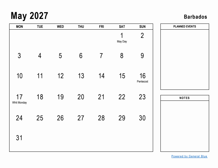 May 2027 Printable Monthly Calendar with Barbados Holidays