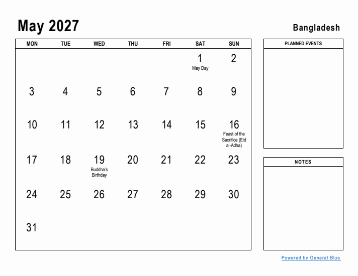 May 2027 Printable Monthly Calendar with Bangladesh Holidays